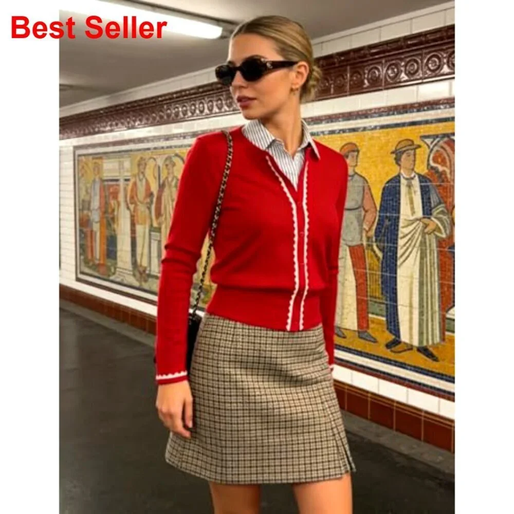 Cropped Knit Cardigan Long Sleeve Crew Neck Button Up Stretchy